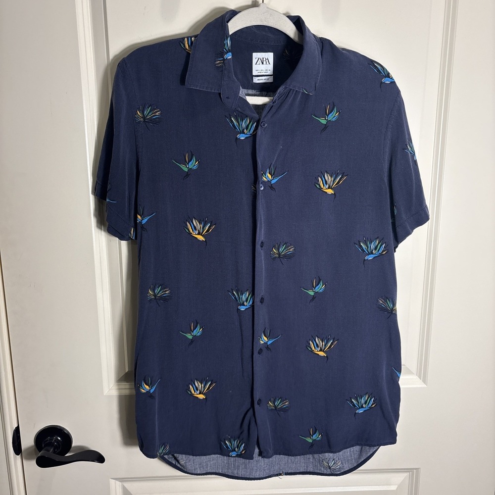 ZARA Men's Large Navy Tropical Bird Print Button Down Shirt Regular Fit Resort